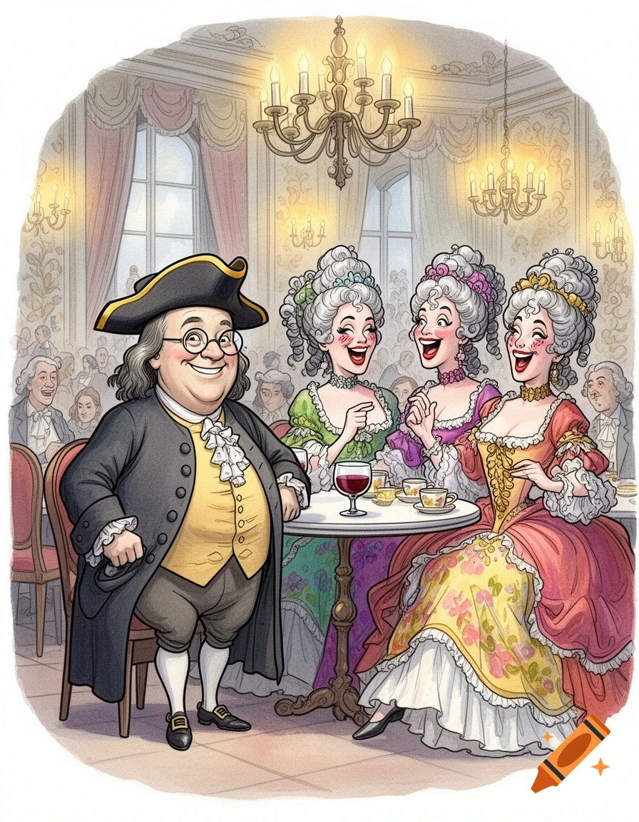 Cartoon illustration of Ben Franklin laughing with three women in elaborate 18th-century dresses in an ornate room.