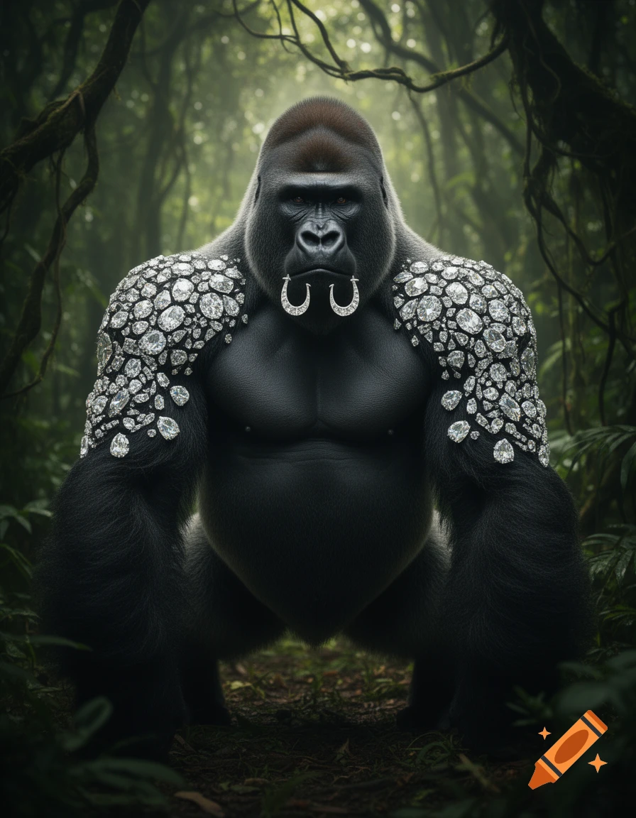 Photorealistic gorilla with diamond-studded shoulders and anchor-shaped nose rings stands in a dense jungle.