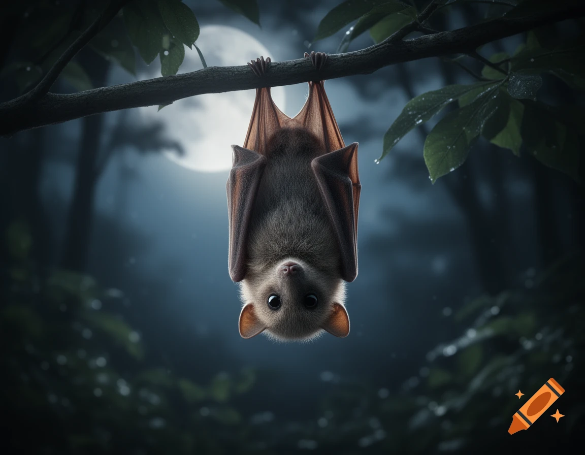 A cute, fluffy bat hangs upside down from a tree branch against a bright full moon and dark, misty forest at night.