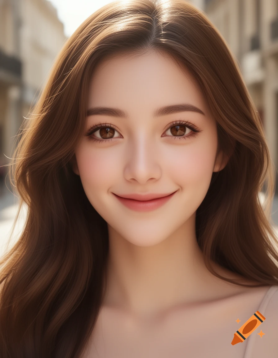 A photorealistic digital illustration of a young woman with brown hair and eyes, smiling gently, against a blurred street background.