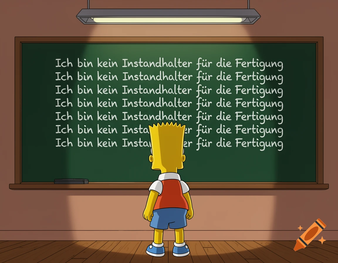 Cartoon of Bart Simpson facing a blackboard in a classroom, with the phrase 'Ich bin kein Instandhalter für die Fertigung' written repeatedly.