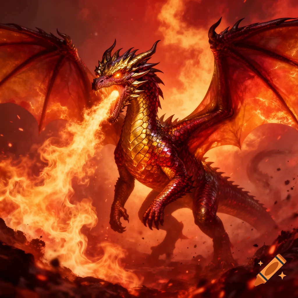 A majestic red and gold dragon breathes a massive firestorm, with glowing eyes and wide wings spread against a fiery, smoky background.