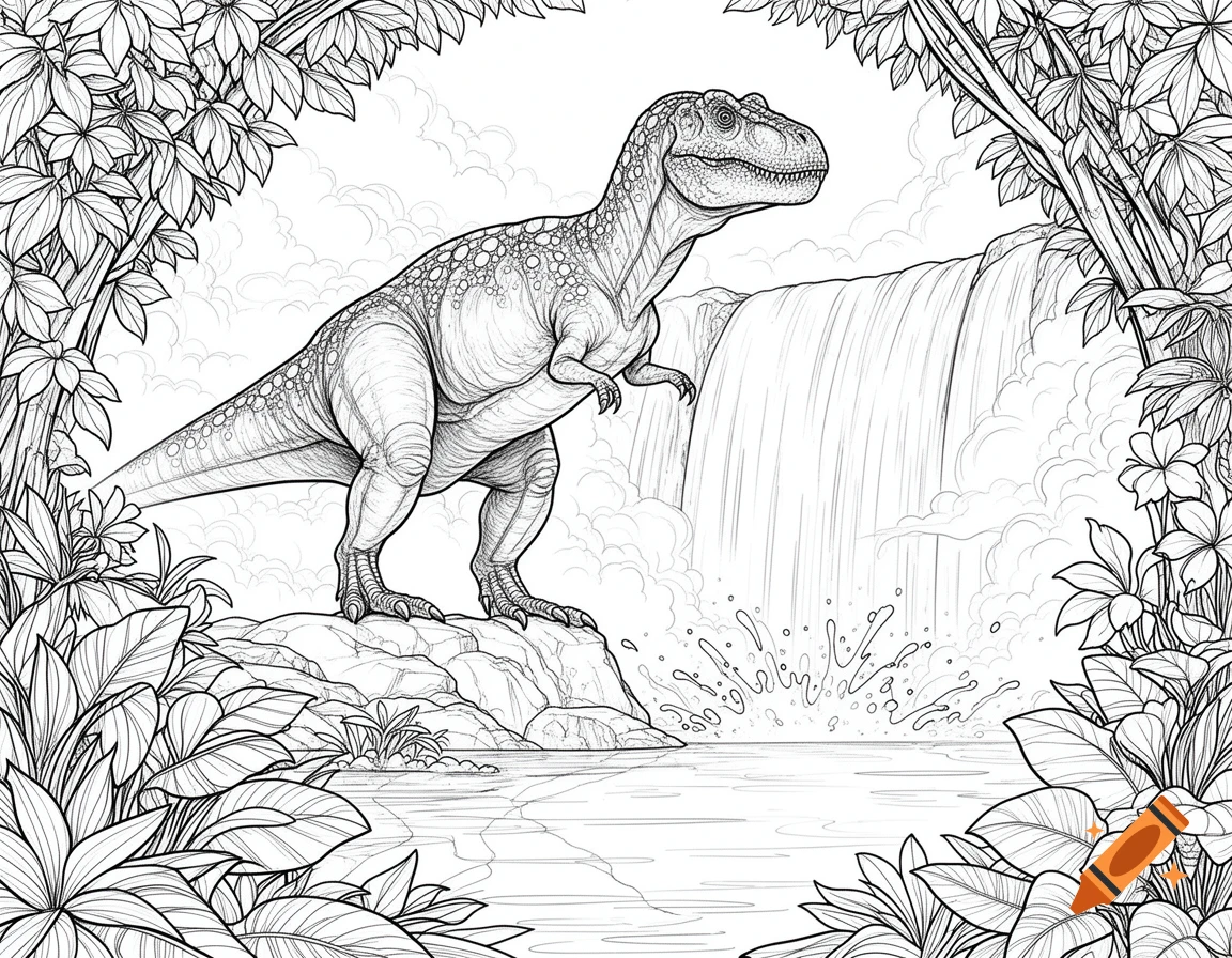 Black and white coloring page of a dinosaur standing on rocks near a waterfall with lush jungle foliage.