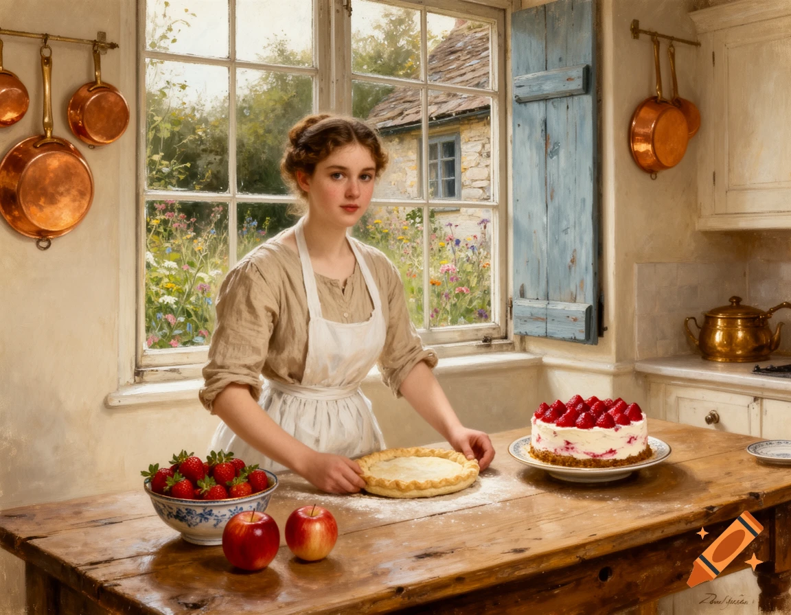 Oil painting of a young woman baking in a bright kitchen with a garden view, surrounded by fruit, a pie, and a strawberry cake.