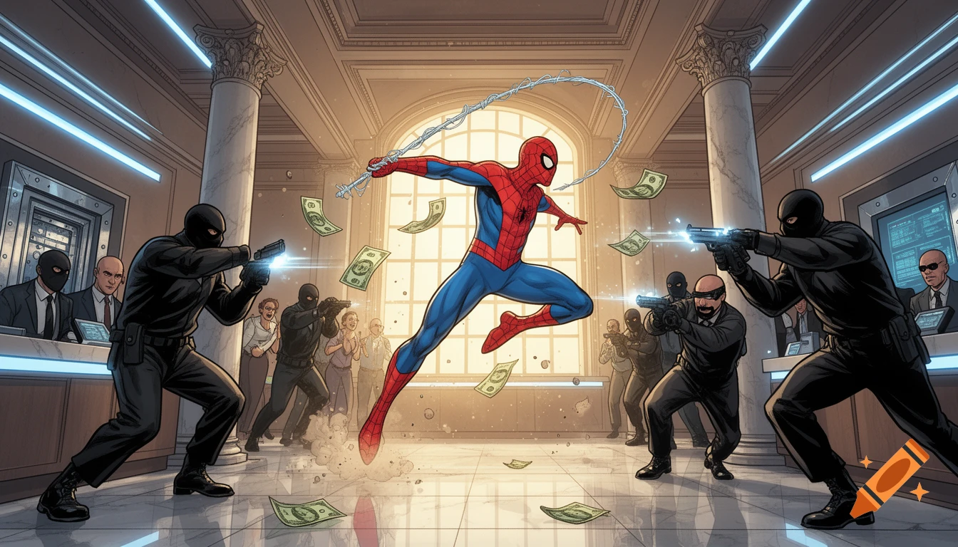 Spider-Man swings into a bank vault, fending off masked robbers with guns as money flies, in a dynamic comic book style.