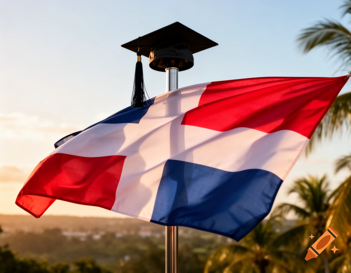 Dominican Republic flag waving with a graduation cap on its pole under a sunny sky and palm trees.