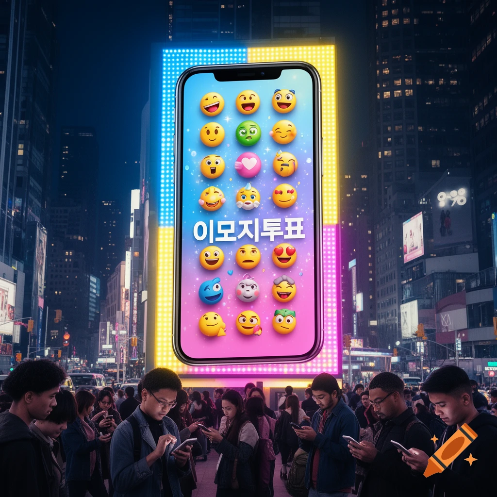 A large smartphone-shaped digital billboard with colorful emojis and Korean text illuminates a busy night city street where people are using their phones.