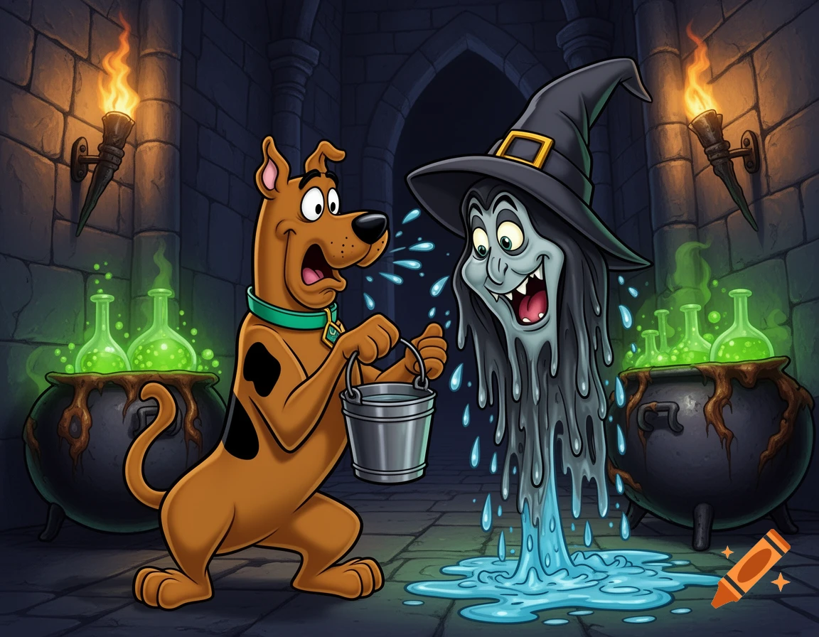 Scooby Doo looking confused, holding a bucket of water at a melting witch in a dark castle dungeon with cauldrons and torches, cartoon style.