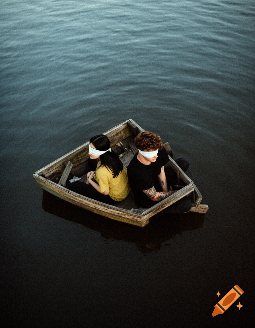 A top-down realistic photo of two blindfolded young adults in a small wooden boat on calm dark water, facing opposite directions.
