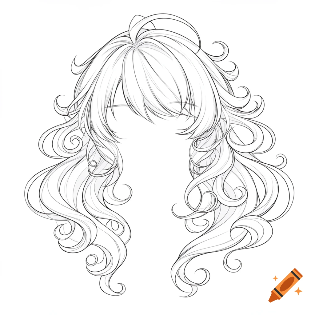 Detailed line art drawing of a voluminous, curly anime hairstyle with bangs and a top bun.