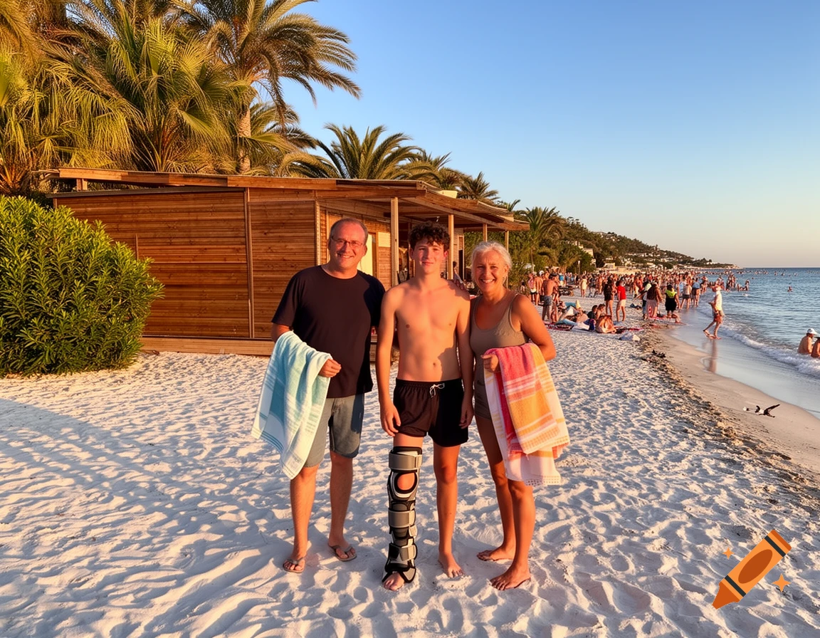 A family poses on a crowded sandy beach with palm trees and wooden huts at sunset. The teenage boy wears a knee brace.