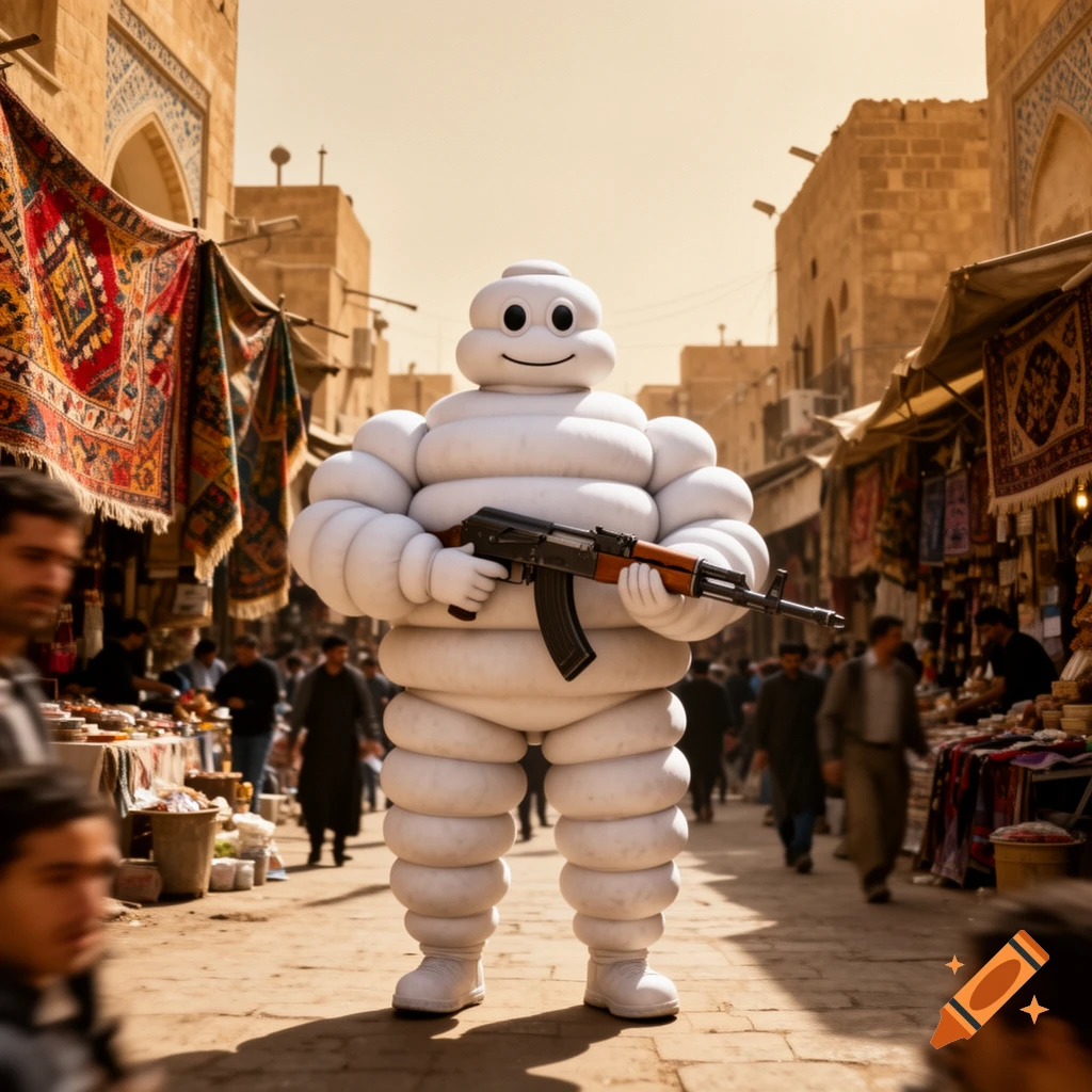 Photorealistic Michelin Man standing in a busy Middle Eastern market street, holding an AK-47 rifle.