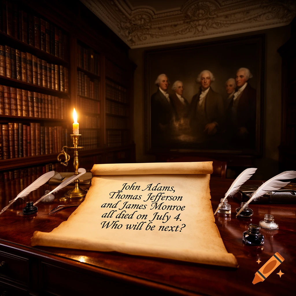 A dimly lit vintage study with a glowing candle, quills, and an open scroll with text on a wooden desk. A blurred portrait of men hangs in the background.