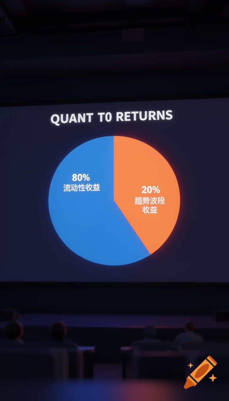 A 3D rendered image of a blue and orange pie chart on a dark projection screen, titled "QUANT TO RETURNS", with text in English and Chinese, shown to an audience in a dim room in a Pixar-style animation.