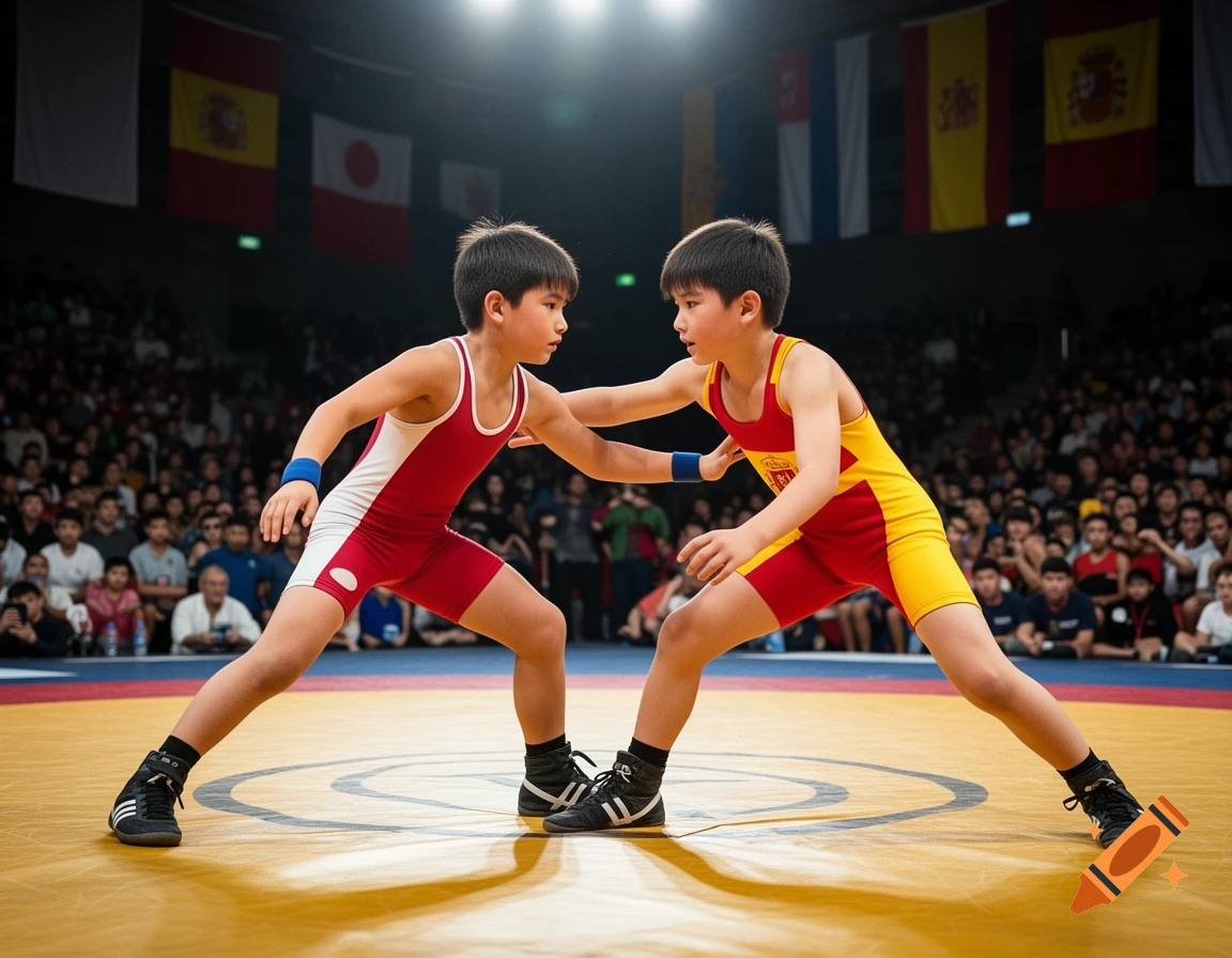 Two young boy wrestlers in red and yellow singlets engage on a wrestling mat in a stadium, with flags and a crowd in the background.