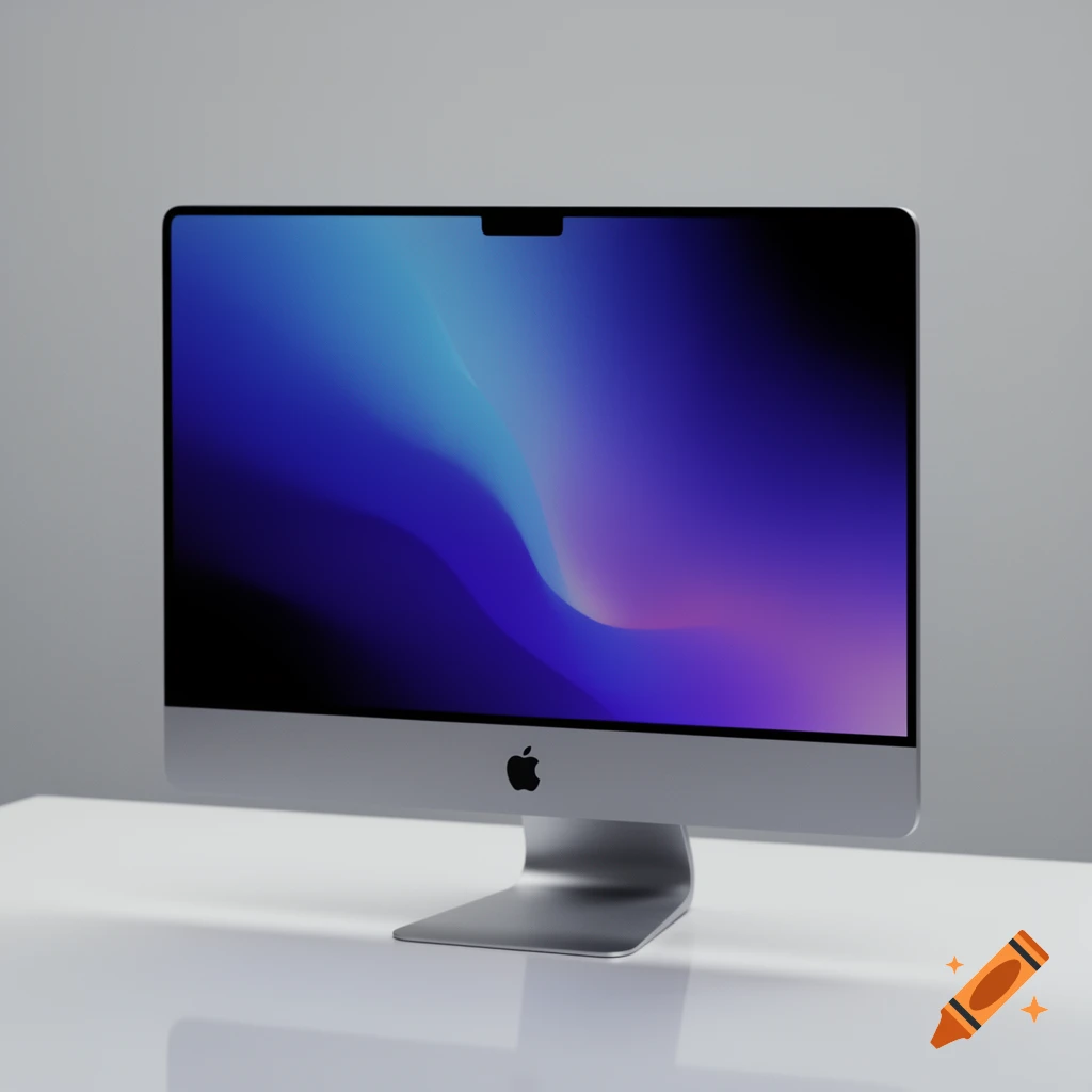 A silver iMac-style desktop computer with a vibrant blue and purple abstract wallpaper on a white desk.