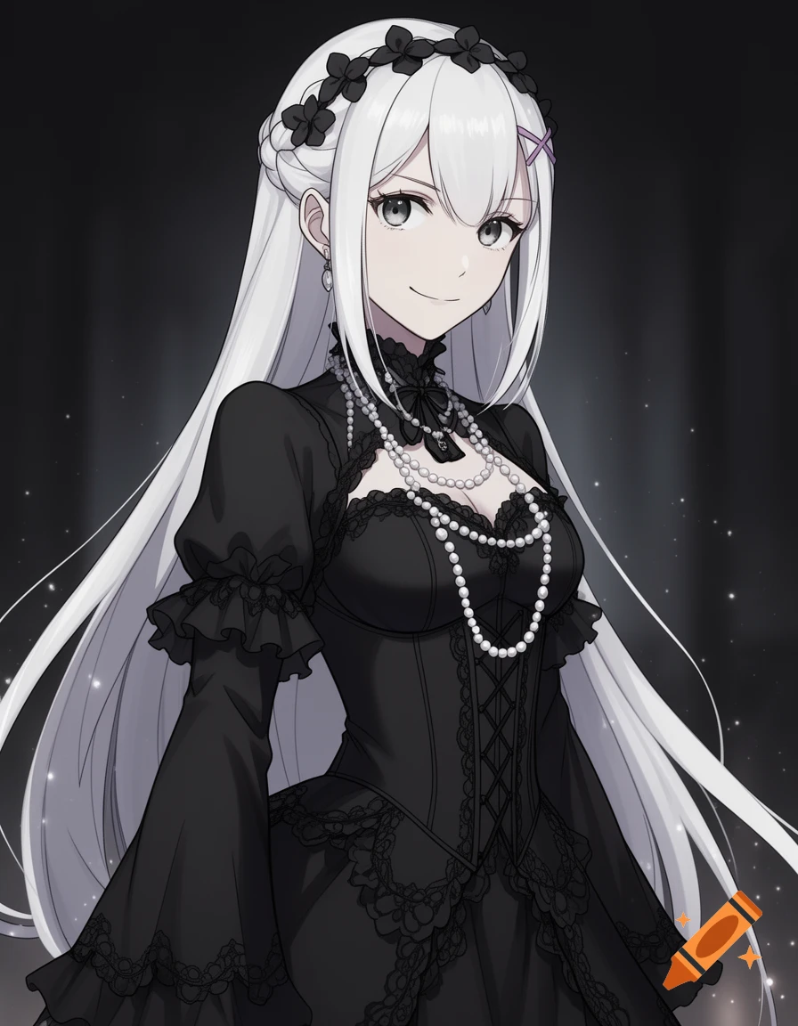 Anime girl with long white hair, black flower headband, and pearl necklaces, wearing a black gothic dress, smiling gently against a dark background.
