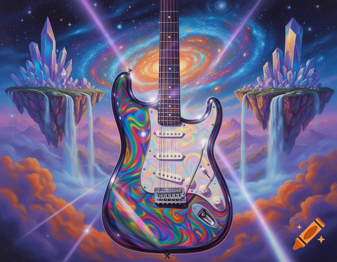 A vibrant, psychedelic electric guitar floats in a cosmic landscape with swirling galaxies, nebulae, crystal islands, and waterfalls.