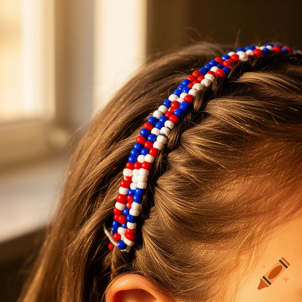 Close-up of brown hair with a small braid adorned with red, white, and blue beads, seen from the side.