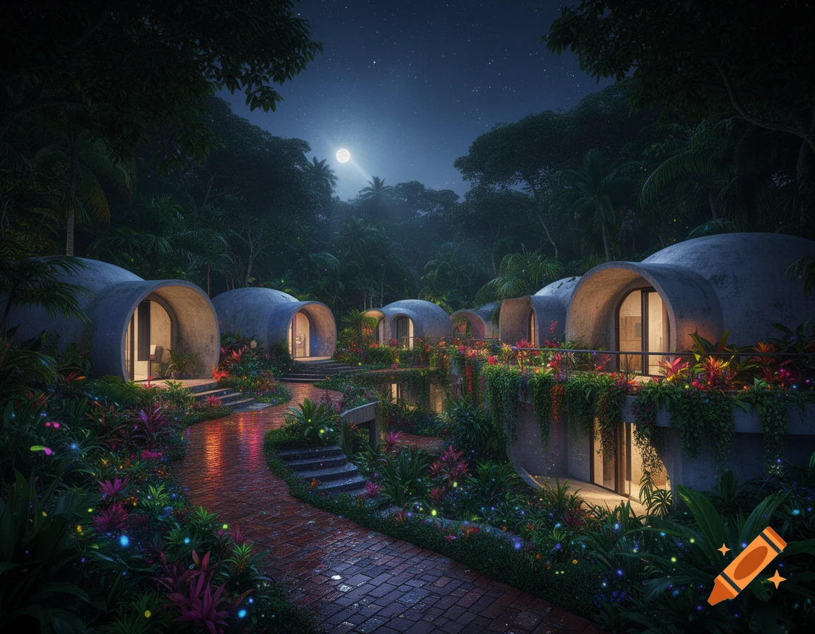 Dreamy night scene of dome-like concrete buildings in a lush tropical forest with glowing plants, illuminated paths, and a full moon.