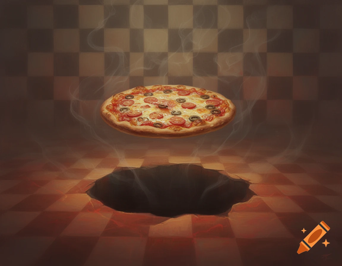 A steaming pizza floats above a dark hole in a checkered room, rendered in a surreal digital art style.