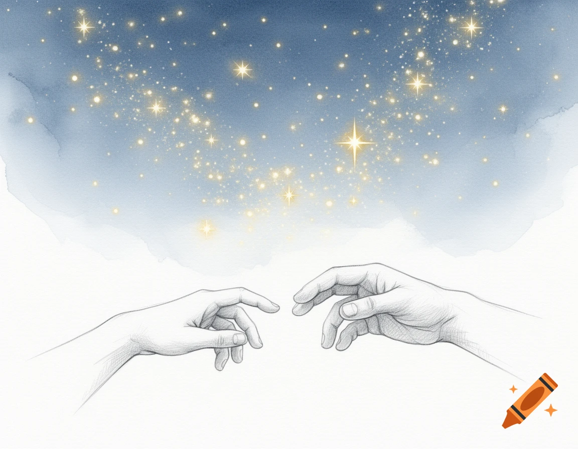 Hand-drawn illustration of two hands reaching under a starry night sky with watercolor tones.