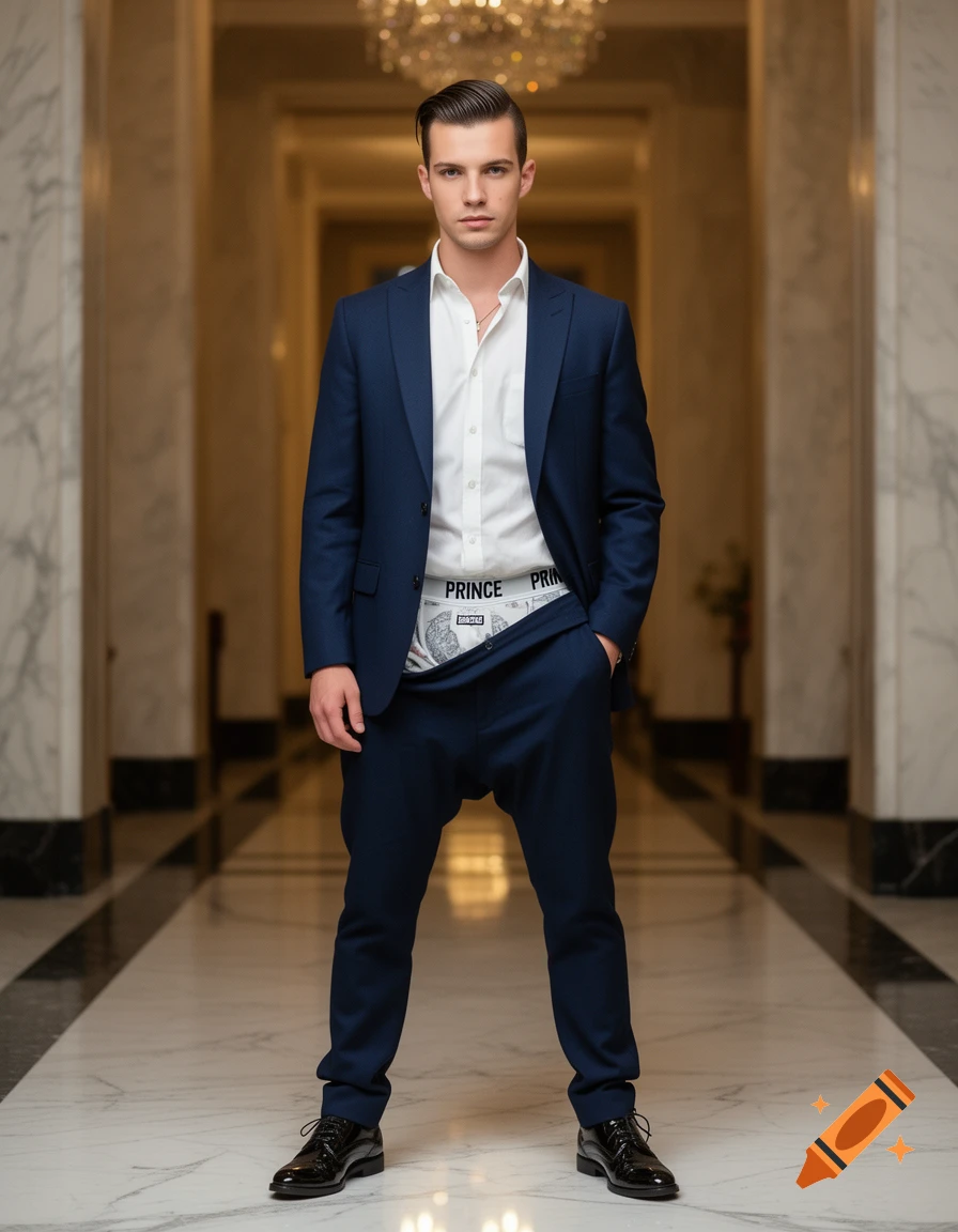 A man in a blue suit with sagging pants revealing 'PRINCE' underwear, standing in a grand hall.