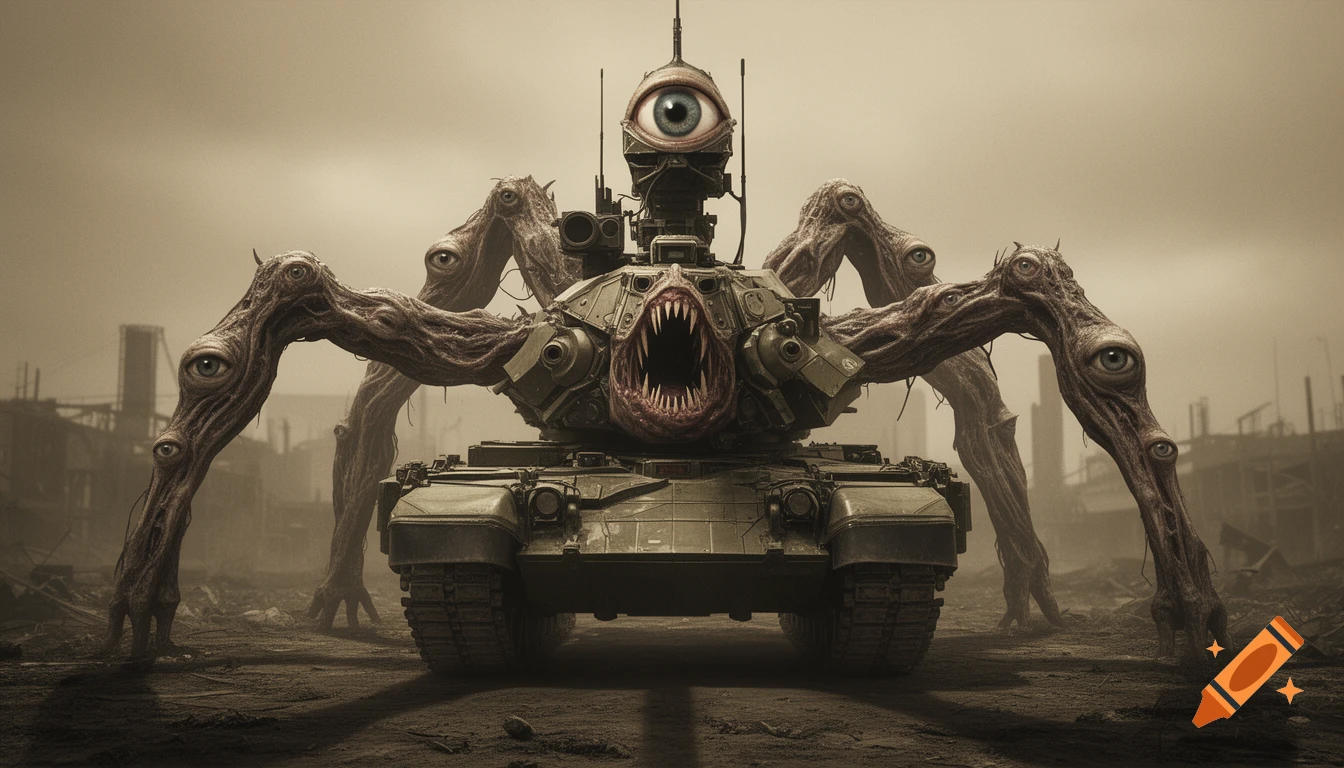 A monstrous tank with multiple eye-covered limbs and a gaping toothy mouth, a large eye on its turret, in a desolate, industrial setting.