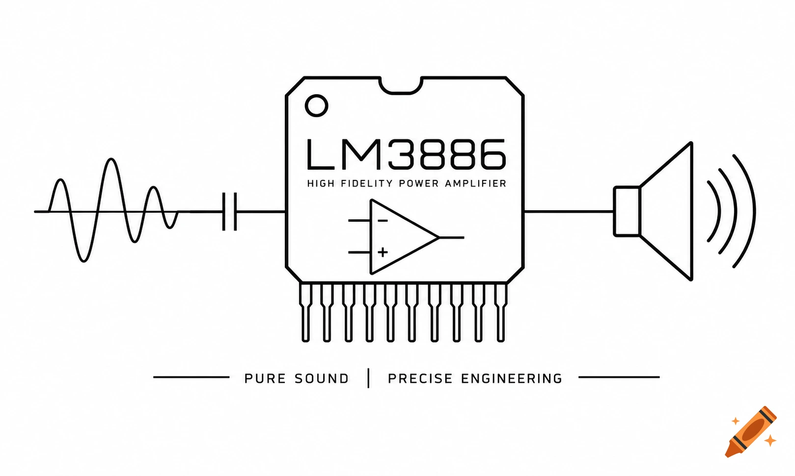 Black line drawing of an LM3886 chip logo, showing an audio amplifier circuit with sound waves and a speaker.