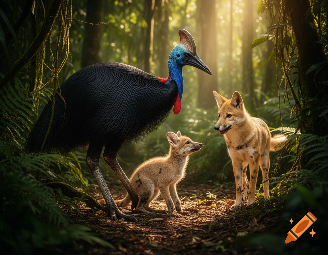 A colorful cassowary stands with an adult dingo and its pup in a sunlit, lush rainforest.