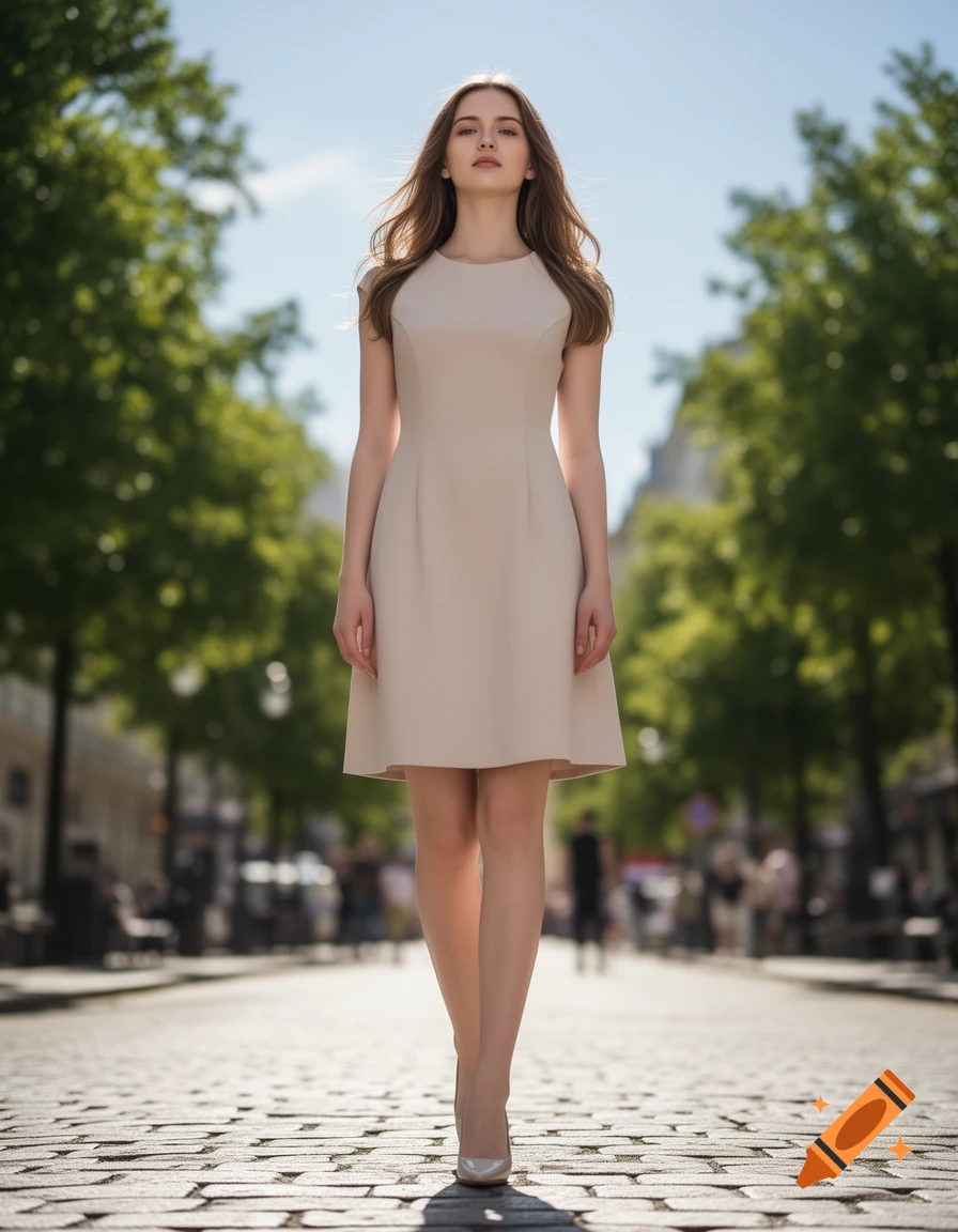 A young woman in a light-colored dress walks confidently on a cobblestone street, viewed from a low angle.
