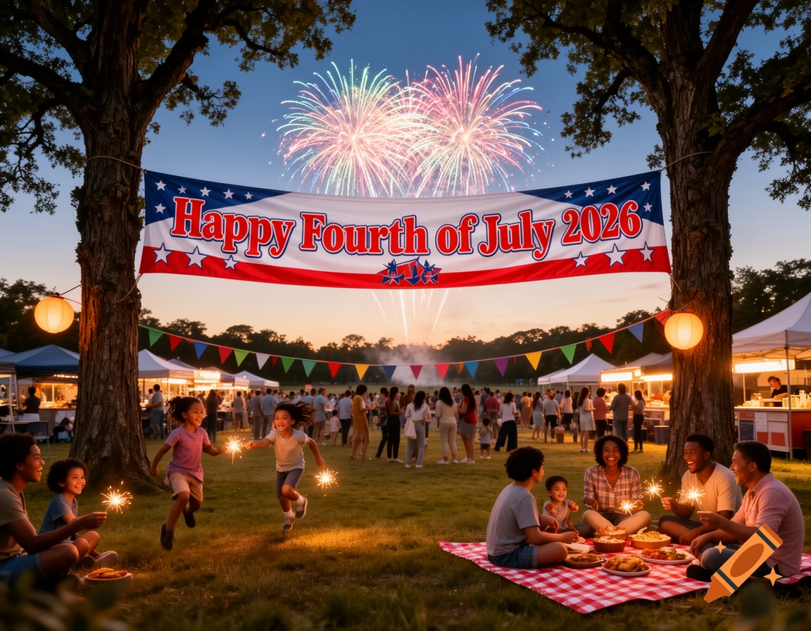 Families celebrate Fourth of July in a park with fireworks, a banner, a picnic, and children playing with sparklers.