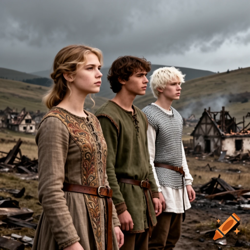 Three teens in medieval attire, a blonde girl and two boys, stand looking at a war-torn village under a stormy sky.