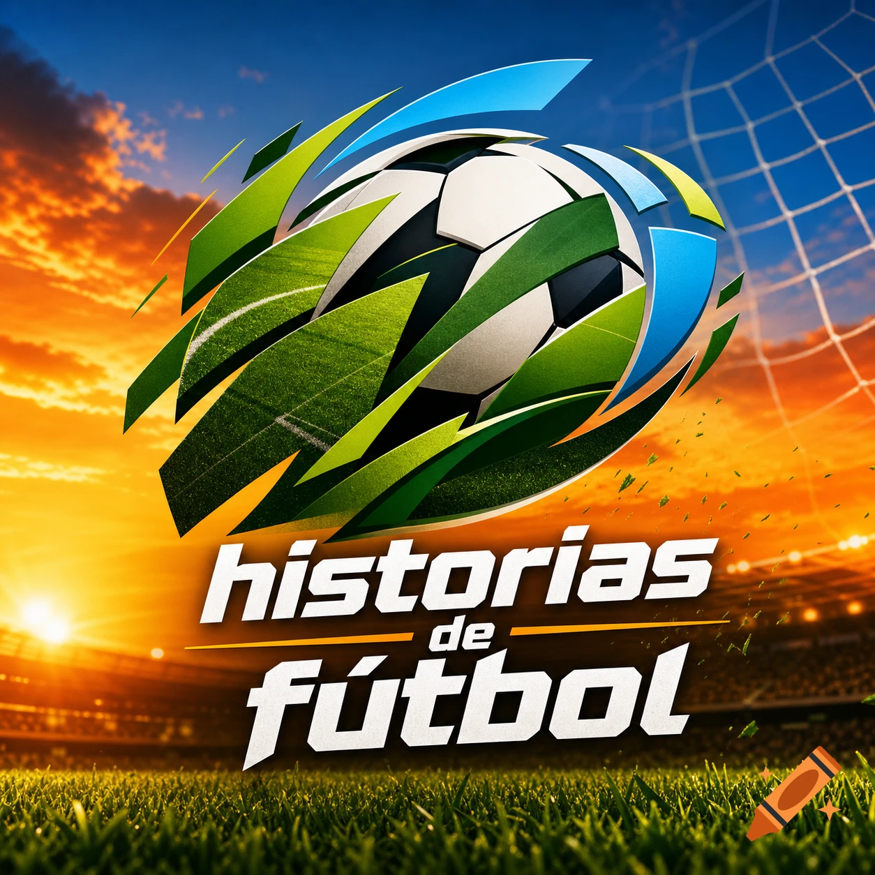 A stylized soccer ball logo with green and blue elements, over a stadium at sunset, with text 'historias de fútbol'.