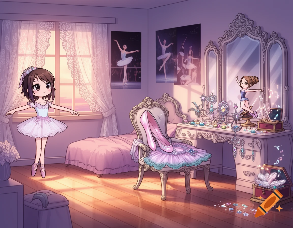 A chibi-style ballerina girl practices in her pink-themed bedroom with a vanity, large windows, and ballet posters.