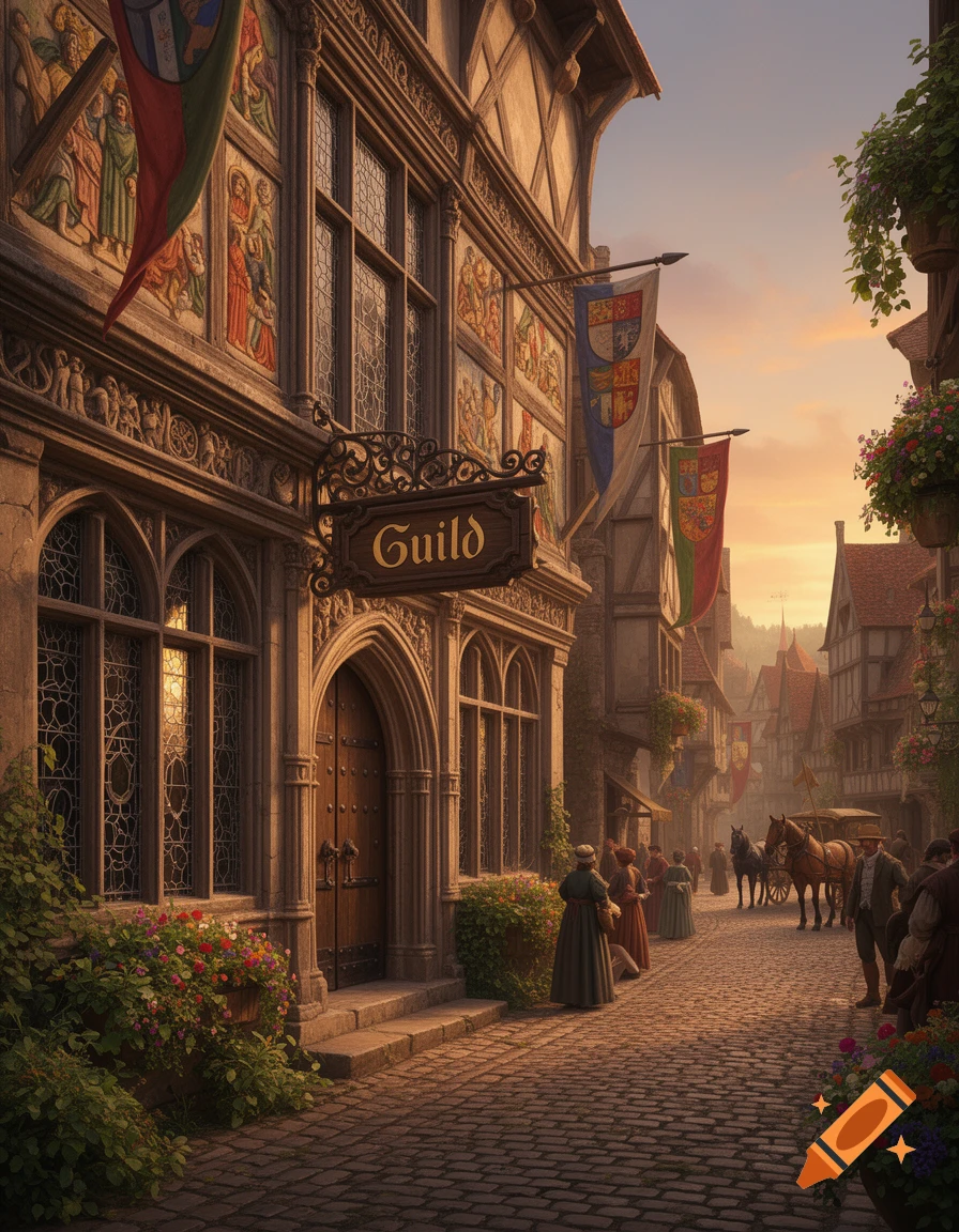 A detailed medieval guild hall with a 'Guild' sign on a cobblestone street, bustling with people and horses at sunset.
