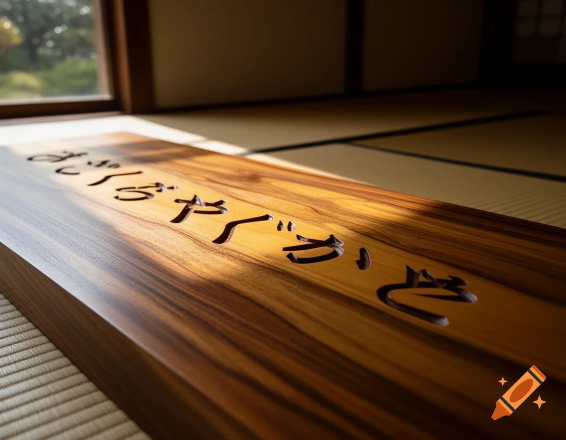 A carved wooden board with the Japanese word "arigatou" (thank you) in hiragana, illuminated by sunlight on tatami mats.