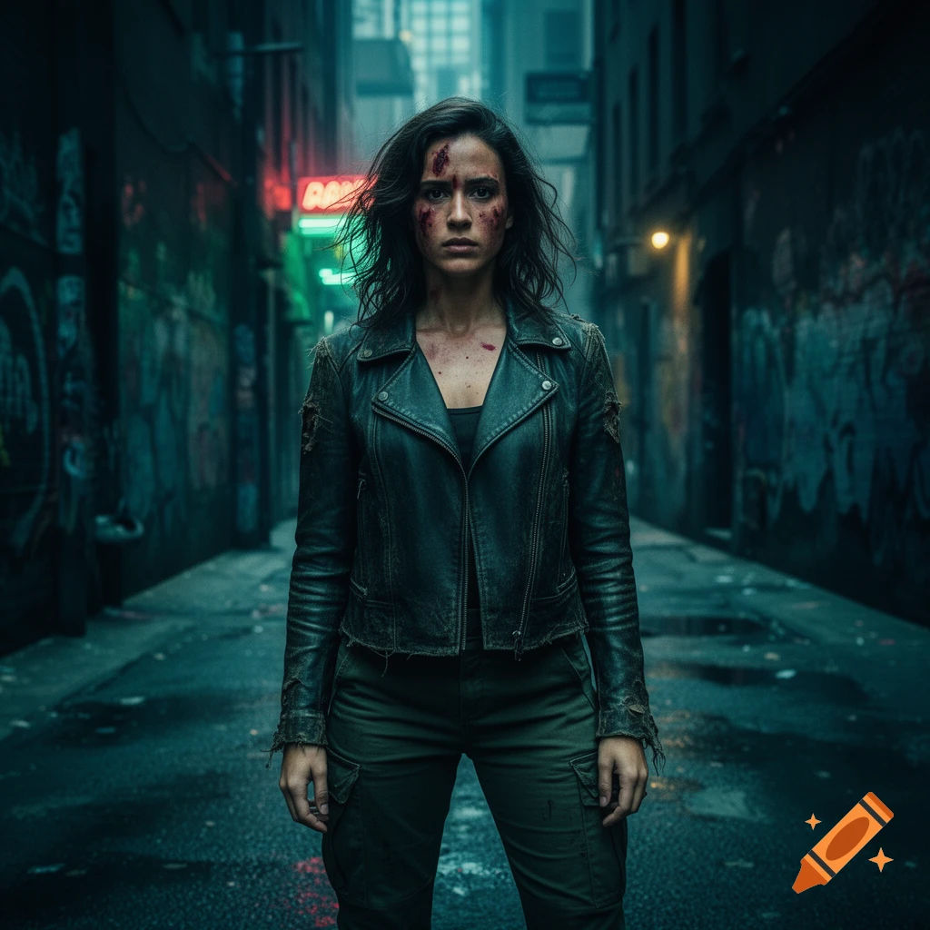 A bruised woman in a leather jacket stands seriously in a dark, neon-lit urban alley.