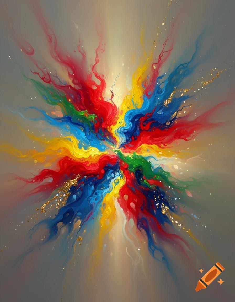 An abstract explosion of vibrant red, blue, green, and yellow colors radiating outwards, with golden glitter accents.