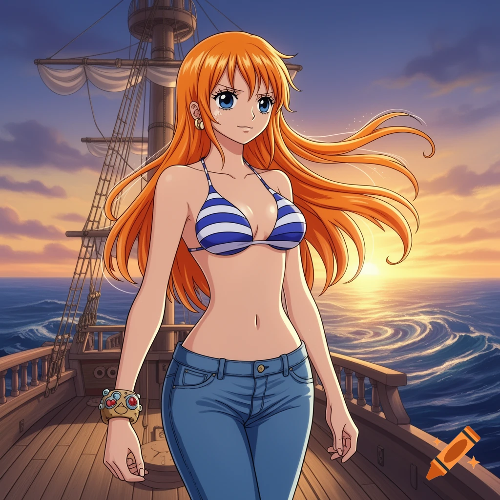 Anime character Nami with long orange hair and blue eyes, wearing a blue and white striped bikini top and jeans, standing on a ship deck at sunset over the ocean.