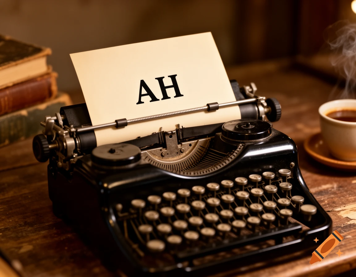 A vintage typewriter with a sheet of paper displaying 'AH', alongside a steaming cup of coffee and stacked books on a wooden desk.
