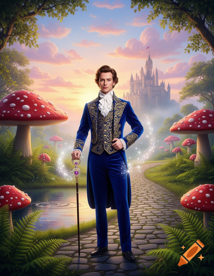 A dandy in a blue suit stands on a path in a magical forest with giant mushrooms, a pond, and a distant castle at sunset.