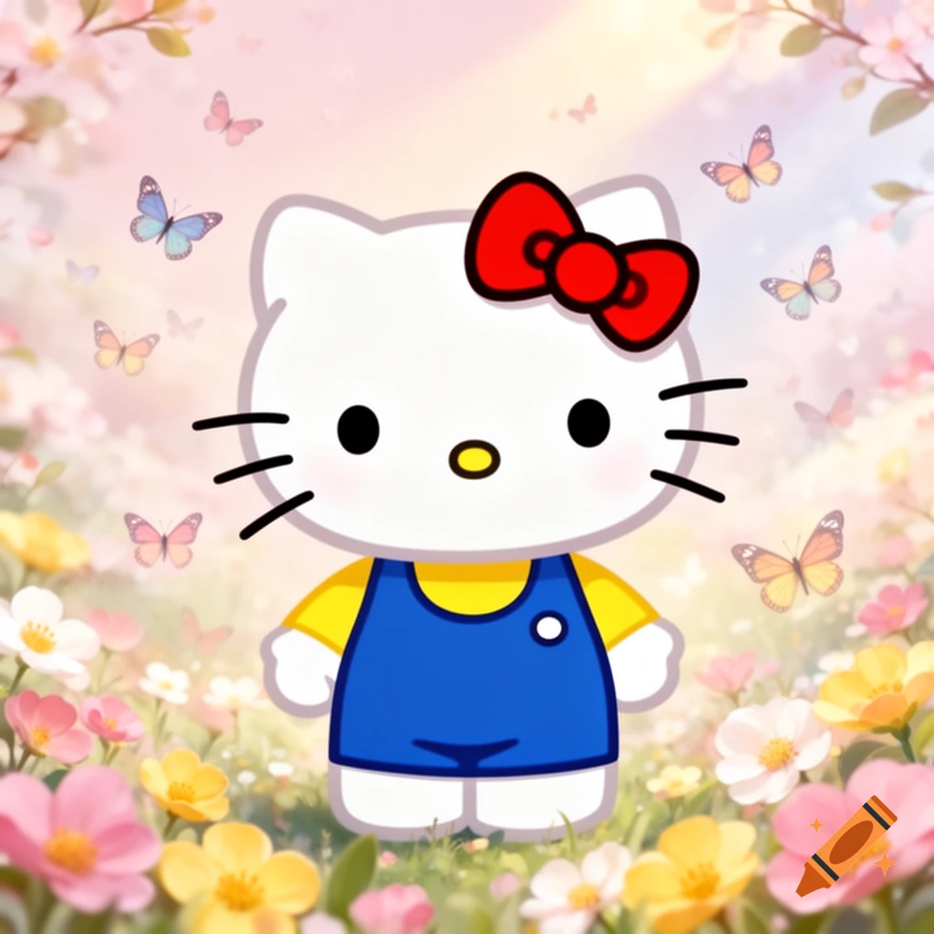 Hello Kitty wearing a blue overall and yellow shirt, standing in a field of colorful flowers with butterflies.
