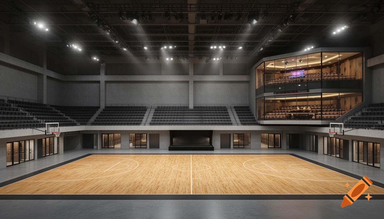 Hyper-realistic architectural rendering of a modern indoor sports arena with a basketball court, bleachers, a stage, and an elevated glass sports bar.