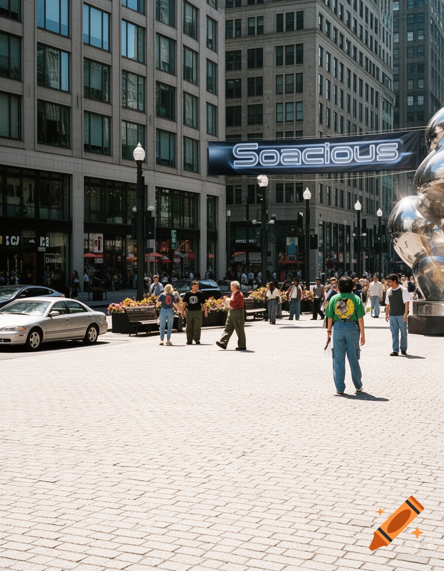 A bustling city street scene with people walking, tall buildings, and a banner displaying 'Soacious' overhead, capturing an early 2000s aesthetic.