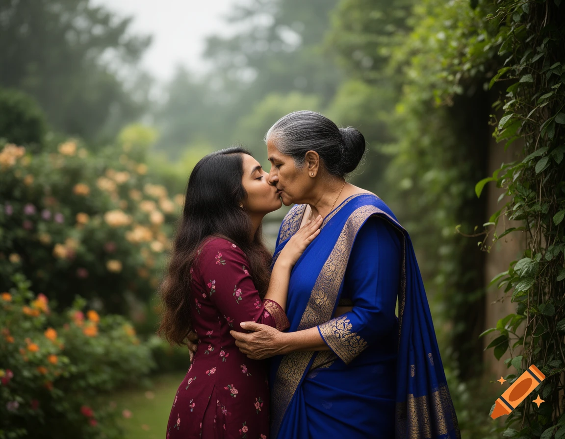 Photorealistic image of a young Indian woman kissing an older Indian woman on the lips in a lush garden.