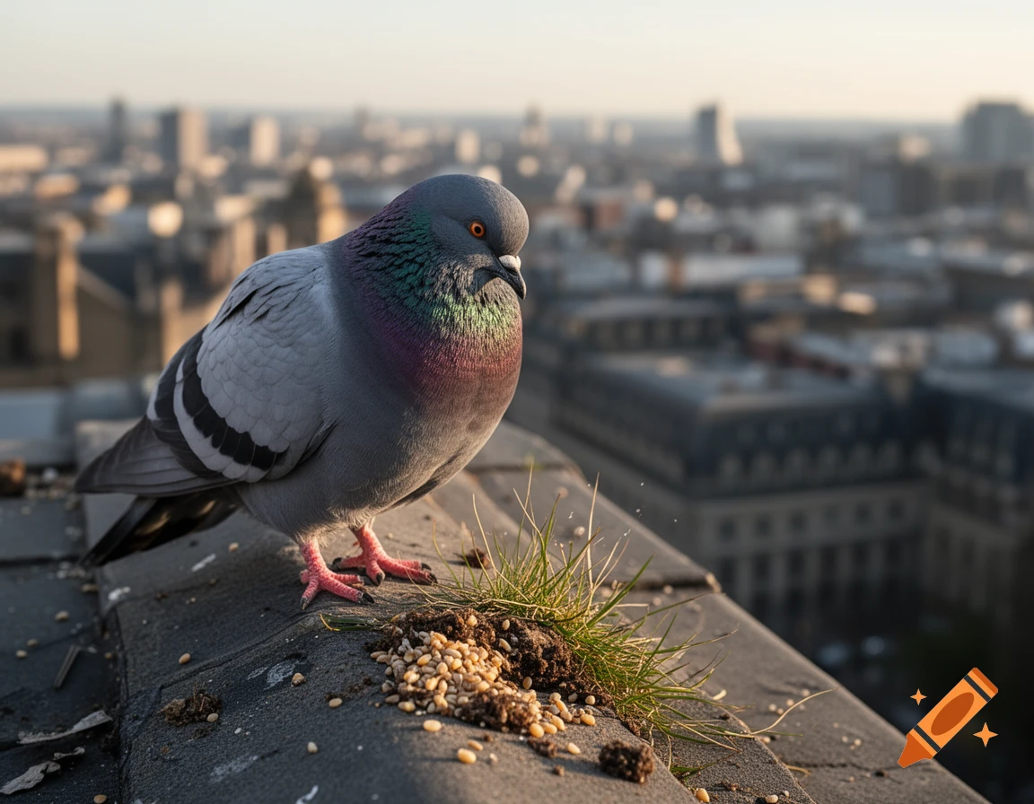 A close-up of a pigeon with iridescent neck feathers on a rooftop next to birdseed, with a blurred city skyline in the background.