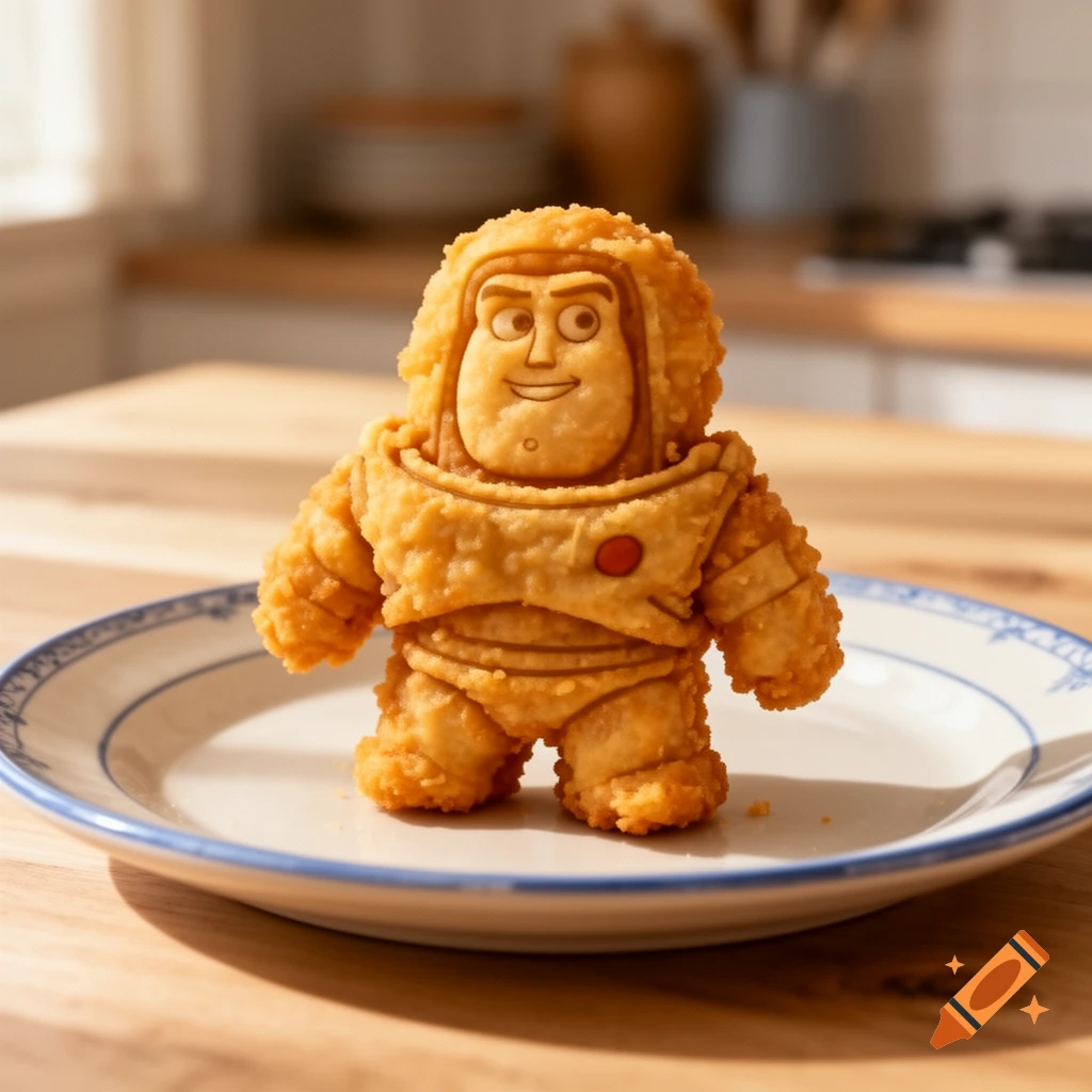 A photorealistic chicken nugget shaped like Buzz Lightyear on a white plate with a blue rim, set on a wooden table in a kitchen.