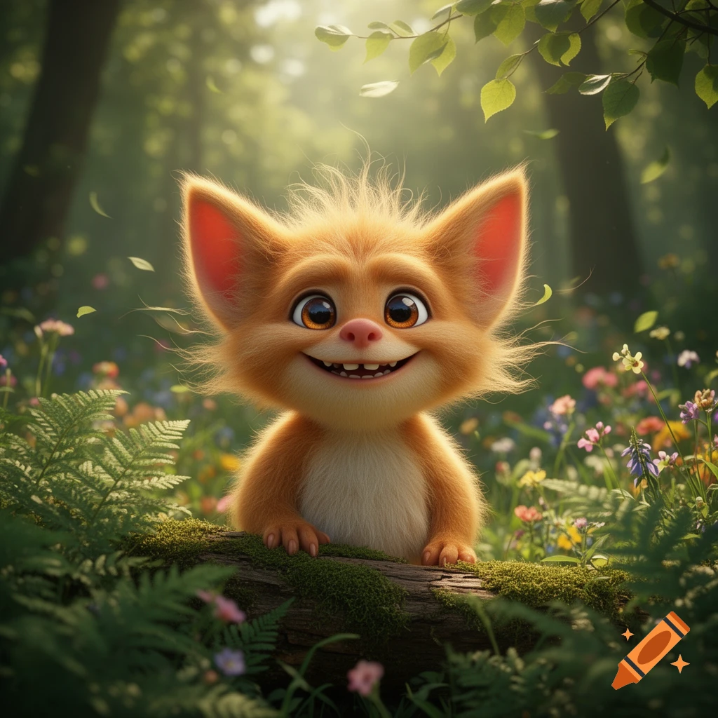 A cute, orange, furry creature with big ears and a wide smile peeks over a mossy log in a vibrant forest with wildflowers.