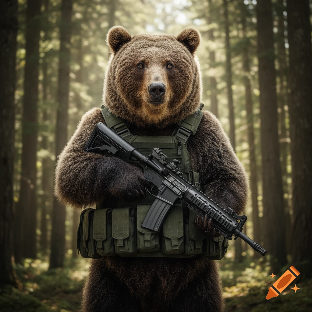 A photorealistic grizzly bear wearing tactical military gear and holding an assault rifle stands in a forest.